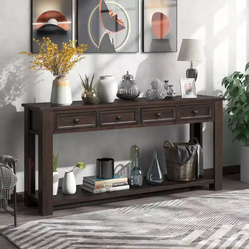 Whisen Rustic Rectangle Wood Console Table with 4-Storage Drawers and Bottom Shelf