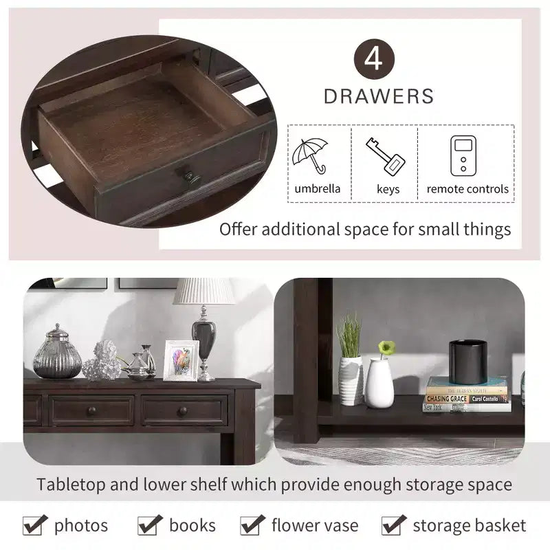 Whisen Rustic Rectangle Wood Console Table with 4-Storage Drawers and Bottom Shelf