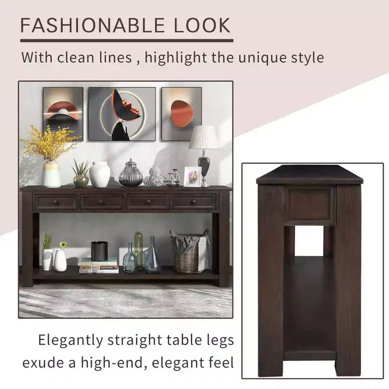 Whisen Rustic Rectangle Wood Console Table with 4-Storage Drawers and Bottom Shelf