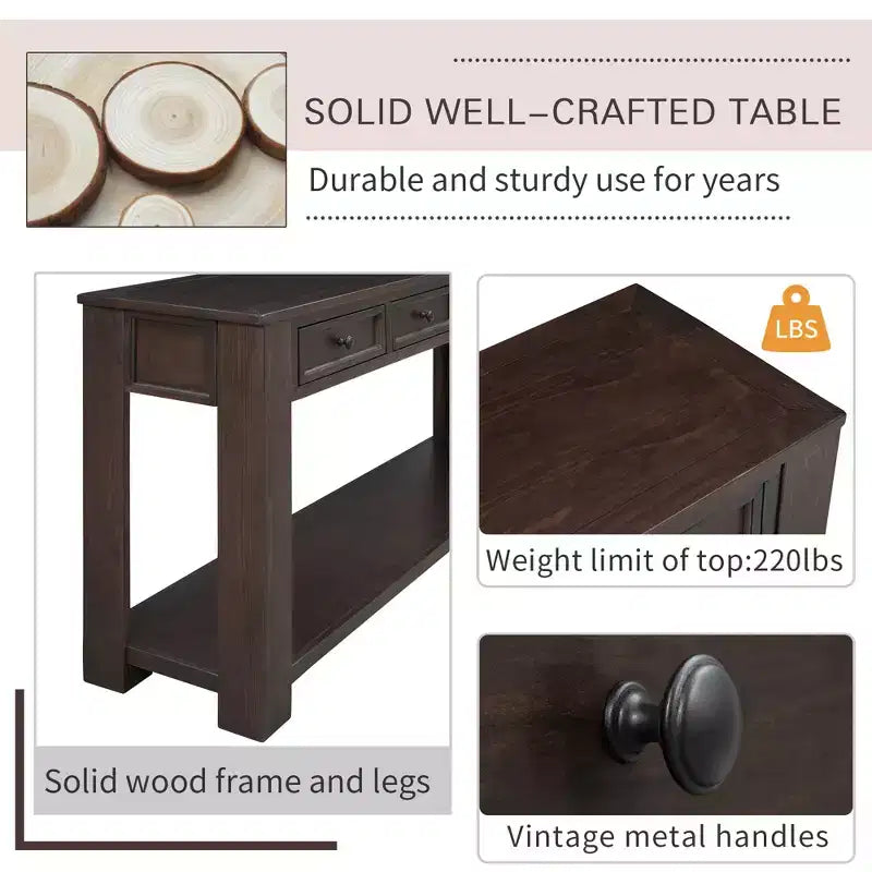 Whisen Rustic Rectangle Wood Console Table with 4-Storage Drawers and Bottom Shelf