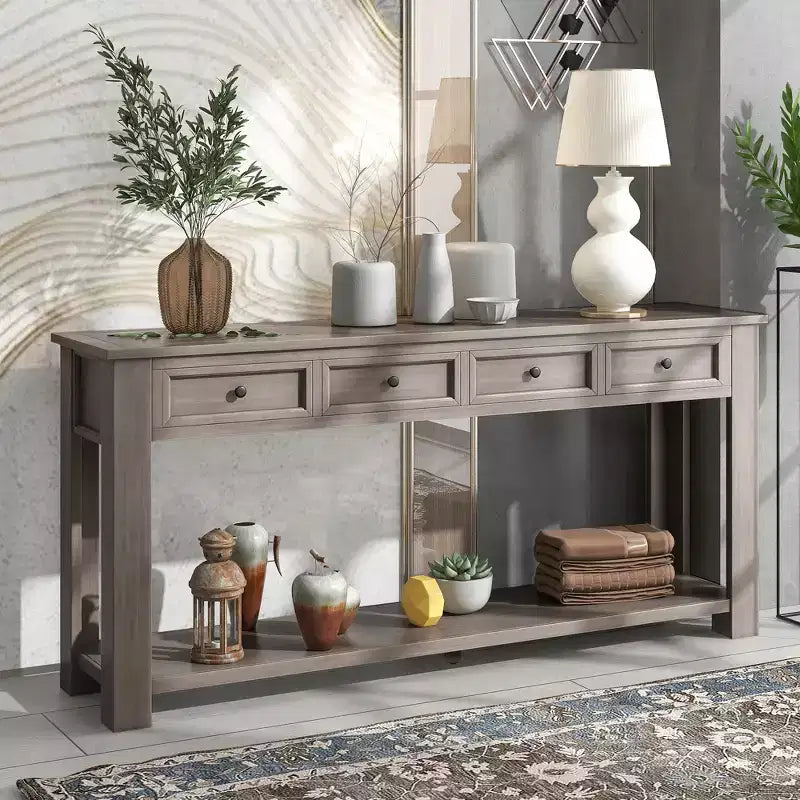 Whisen Rustic Rectangle Wood Console Table with 4-Storage Drawers and Bottom Shelf