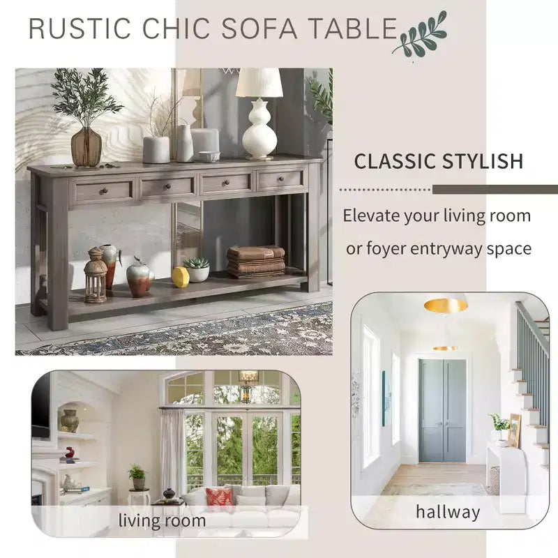 Whisen Rustic Rectangle Wood Console Table with 4-Storage Drawers and Bottom Shelf