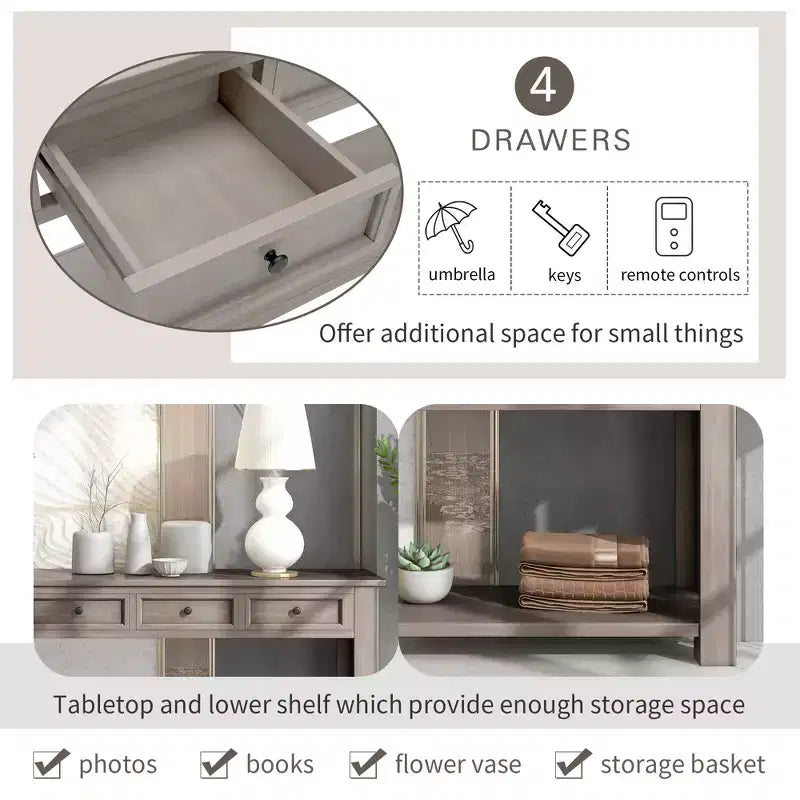 Whisen Rustic Rectangle Wood Console Table with 4-Storage Drawers and Bottom Shelf