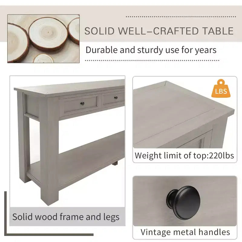 Whisen Rustic Rectangle Wood Console Table with 4-Storage Drawers and Bottom Shelf