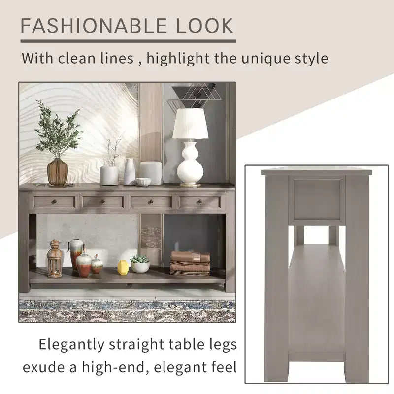 Whisen Rustic Rectangle Wood Console Table with 4-Storage Drawers and Bottom Shelf