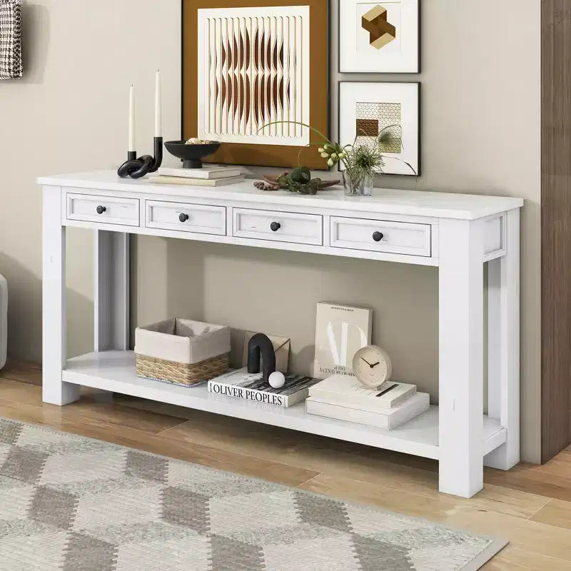 Whisen Rustic Rectangle Wood Console Table with 4-Storage Drawers and Bottom Shelf