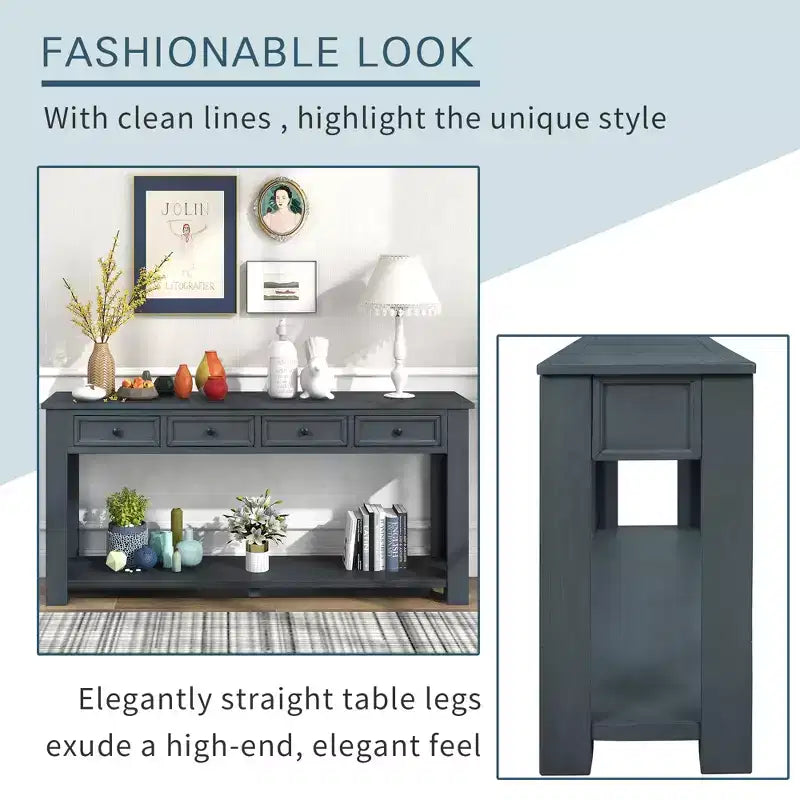 Whisen Rustic Rectangle Wood Console Table with 4-Storage Drawers and Bottom Shelf
