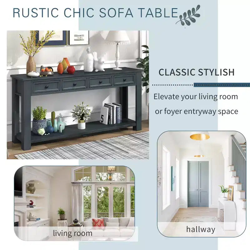 Whisen Rustic Rectangle Wood Console Table with 4-Storage Drawers and Bottom Shelf