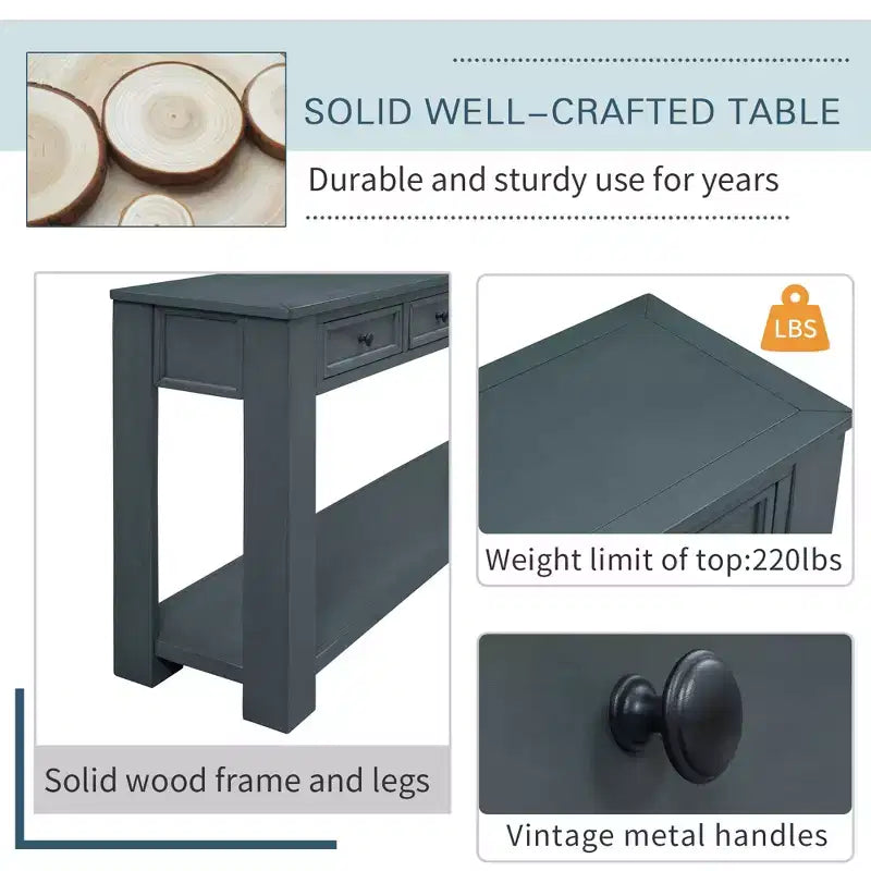 Whisen Rustic Rectangle Wood Console Table with 4-Storage Drawers and Bottom Shelf