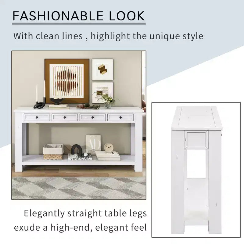 Whisen Rustic Rectangle Wood Console Table with 4-Storage Drawers and Bottom Shelf