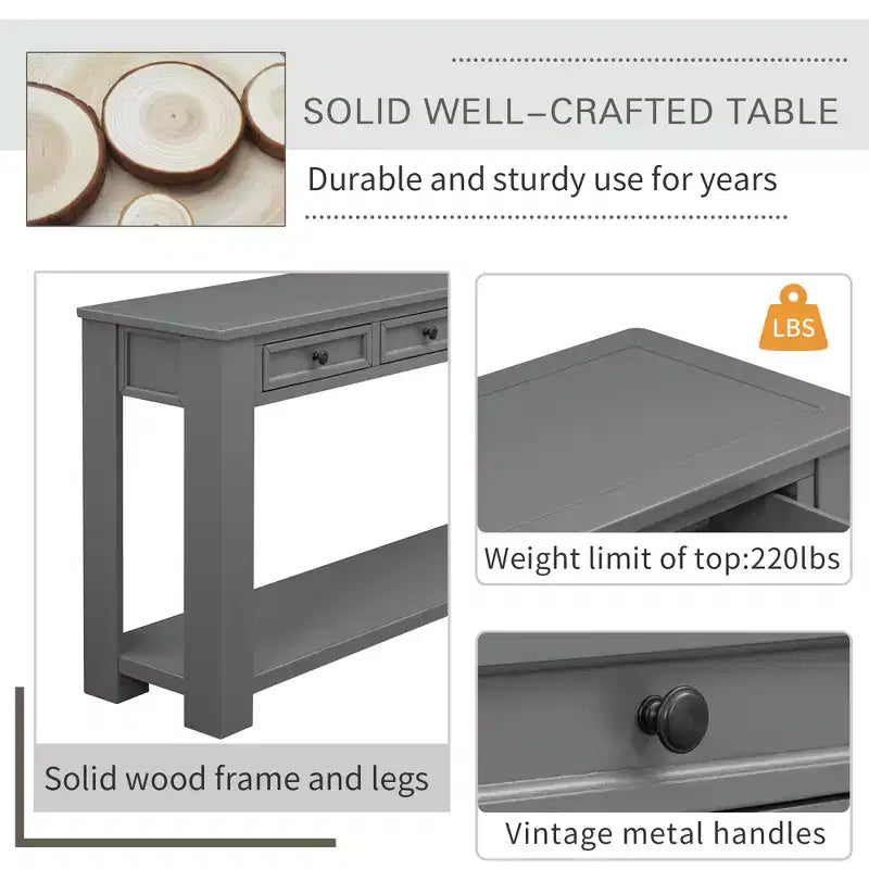 Whisen Rustic Rectangle Wood Console Table with 4-Storage Drawers and Bottom Shelf