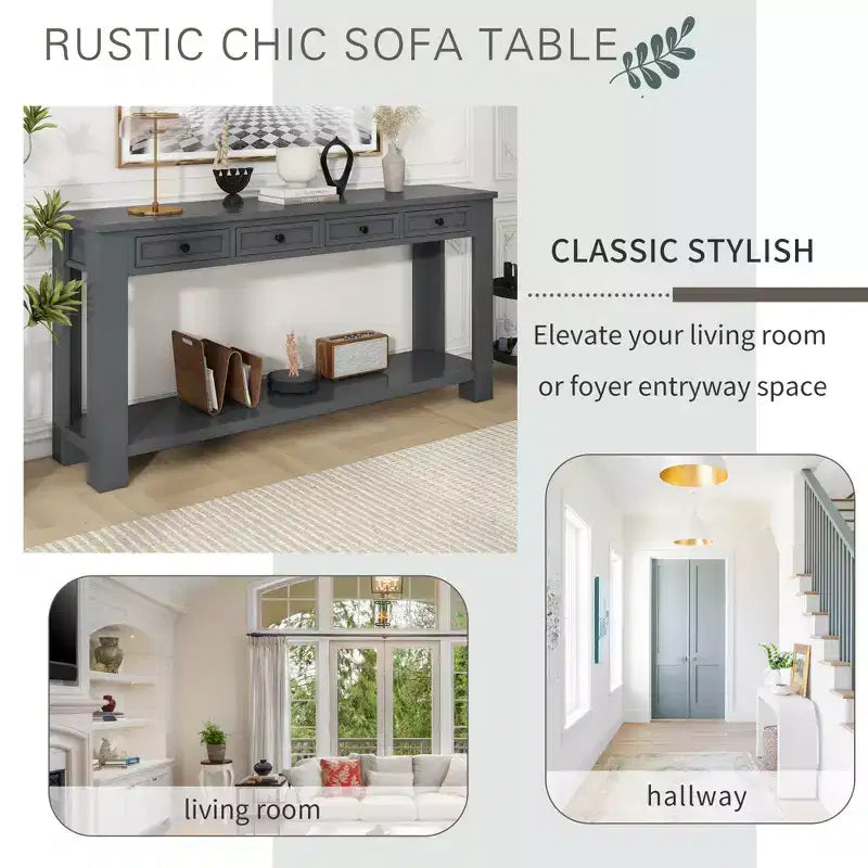 Whisen Rustic Rectangle Wood Console Table with 4-Storage Drawers and Bottom Shelf