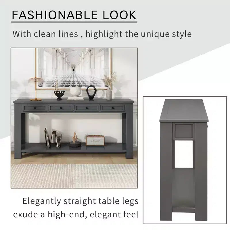 Whisen Rustic Rectangle Wood Console Table with 4-Storage Drawers and Bottom Shelf