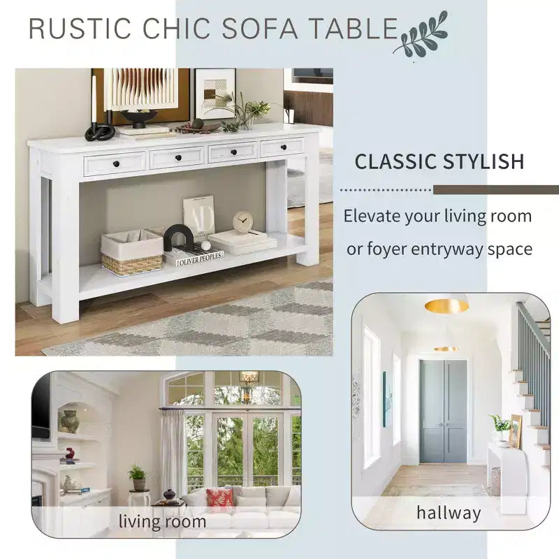 Whisen Rustic Rectangle Wood Console Table with 4-Storage Drawers and Bottom Shelf