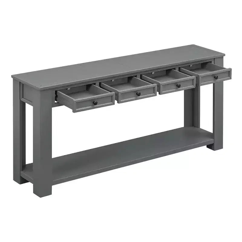 Whisen Rustic Rectangle Wood Console Table with 4-Storage Drawers and Bottom Shelf