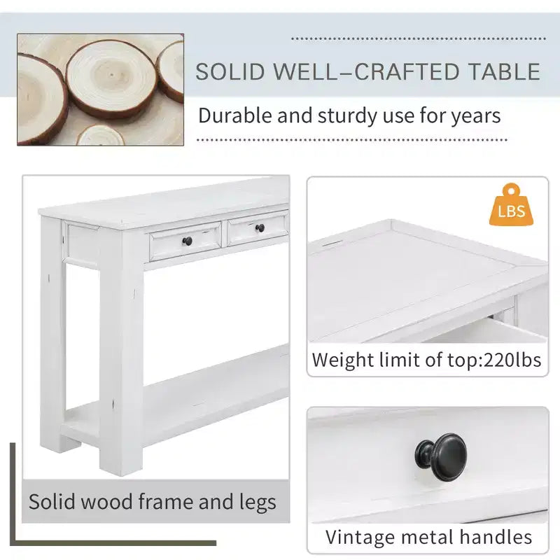 Whisen Rustic Rectangle Wood Console Table with 4-Storage Drawers and Bottom Shelf