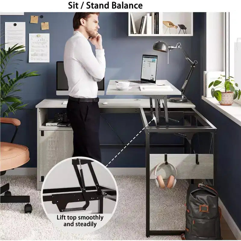 Bestier Versatile 60 L-Shaped Standing Desk, Height Adjustable (30-39H) Sit to Stand Home Office Desk with Storage Cabinet & Hooks