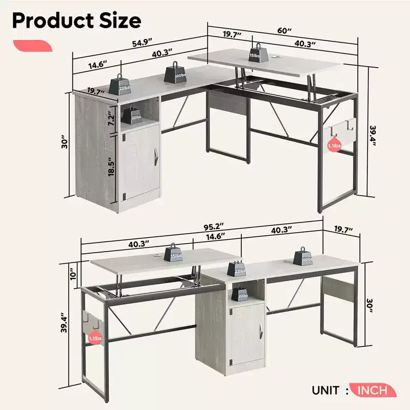 Bestier Versatile 60 L-Shaped Standing Desk, Height Adjustable (30-39H) Sit to Stand Home Office Desk with Storage Cabinet & Hooks