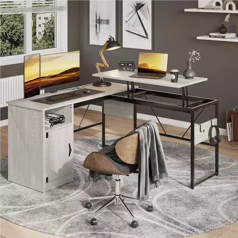 Bestier Versatile 60 L-Shaped Standing Desk, Height Adjustable (30-39H) Sit to Stand Home Office Desk with Storage Cabinet & Hooks