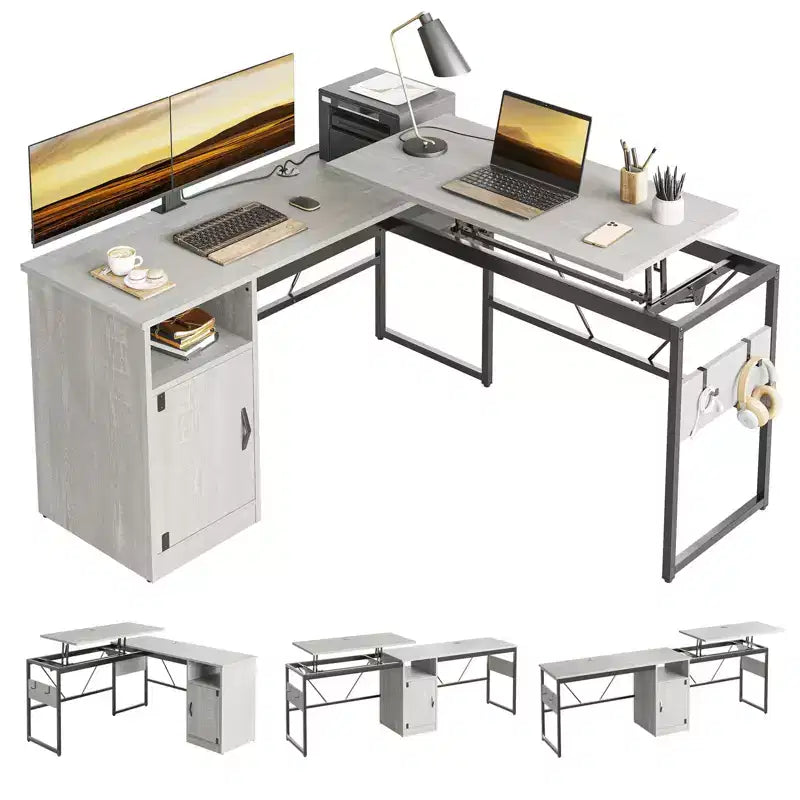 Bestier Versatile 60 L-Shaped Standing Desk, Height Adjustable (30-39H) Sit to Stand Home Office Desk with Storage Cabinet & Hooks