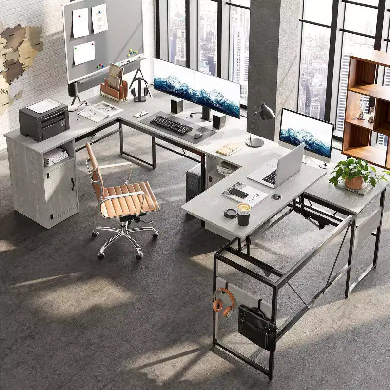 Bestier Versatile 60 L-Shaped Standing Desk, Height Adjustable (30-39H) Sit to Stand Home Office Desk with Storage Cabinet & Hooks
