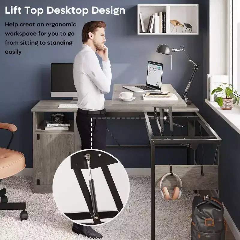 Bestier Versatile 60 L-Shaped Standing Desk, Height Adjustable (30-39H) Sit to Stand Home Office Desk with Storage Cabinet & Hooks