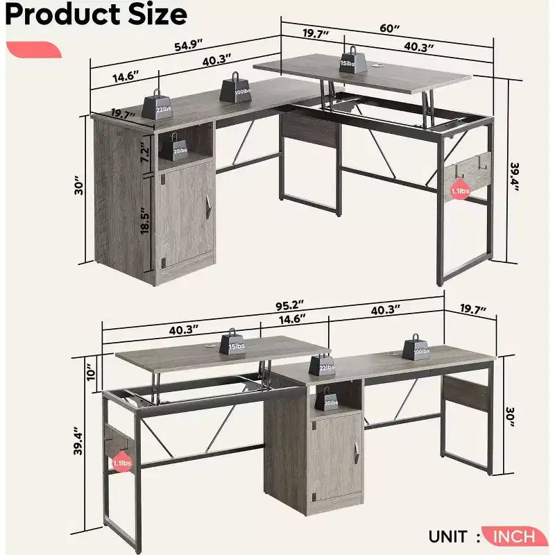Bestier Versatile 60 L-Shaped Standing Desk, Height Adjustable (30-39H) Sit to Stand Home Office Desk with Storage Cabinet & Hooks