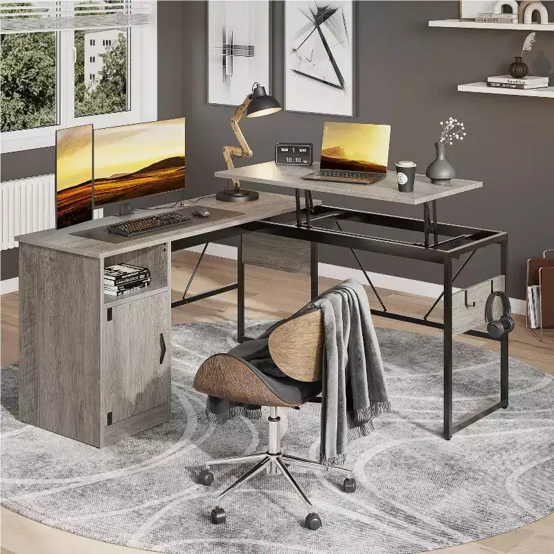 Bestier Versatile 60 L-Shaped Standing Desk, Height Adjustable (30-39H) Sit to Stand Home Office Desk with Storage Cabinet & Hooks