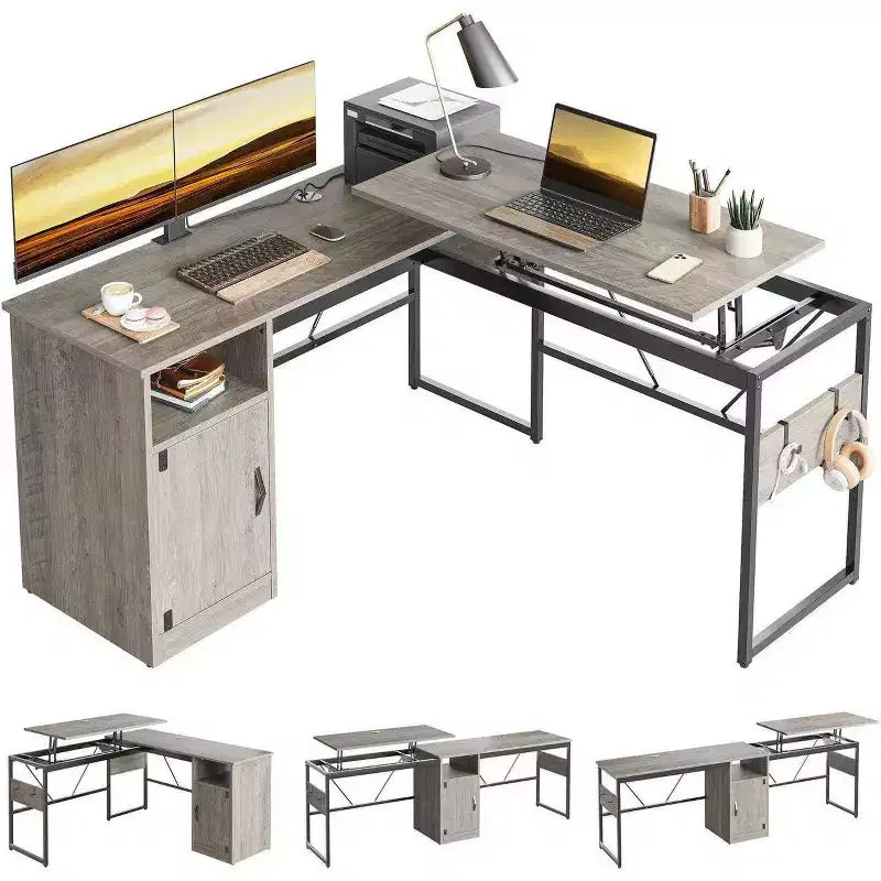 Bestier Versatile 60 L-Shaped Standing Desk, Height Adjustable (30-39H) Sit to Stand Home Office Desk with Storage Cabinet & Hooks
