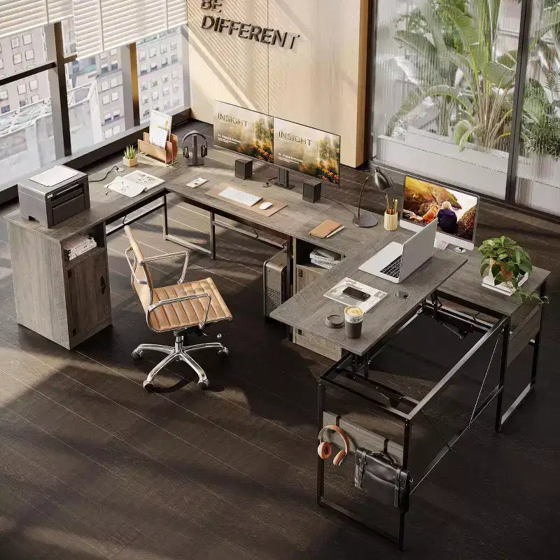Bestier Versatile 60 L-Shaped Standing Desk, Height Adjustable (30-39H) Sit to Stand Home Office Desk with Storage Cabinet & Hooks