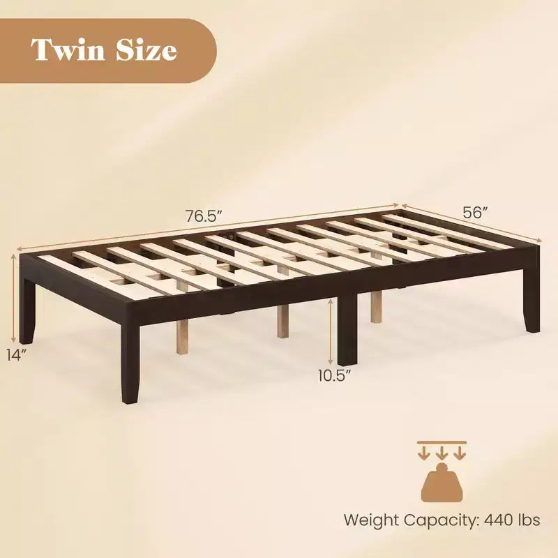 Costway Twin/Full/Queen Size Wooden Platform Bed Frame 14 with Rubber Wood Legs Under-bed Storage Brown