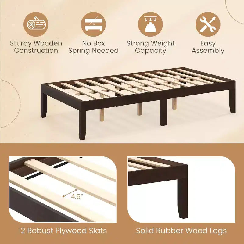 Costway Twin/Full/Queen Size Wooden Platform Bed Frame 14 with Rubber Wood Legs Under-bed Storage Brown