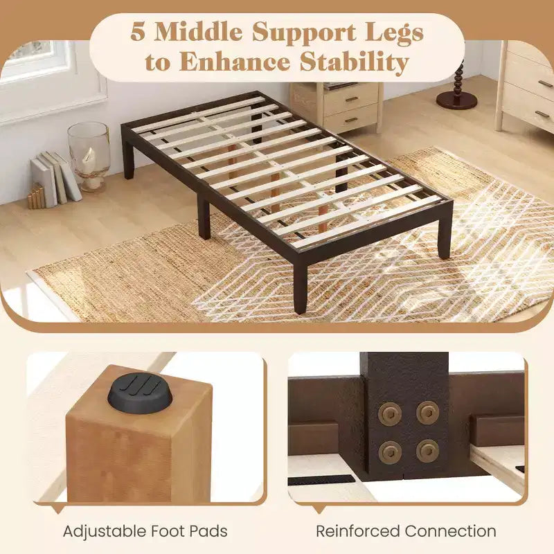 Costway Twin/Full/Queen Size Wooden Platform Bed Frame 14 with Rubber Wood Legs Under-bed Storage Brown