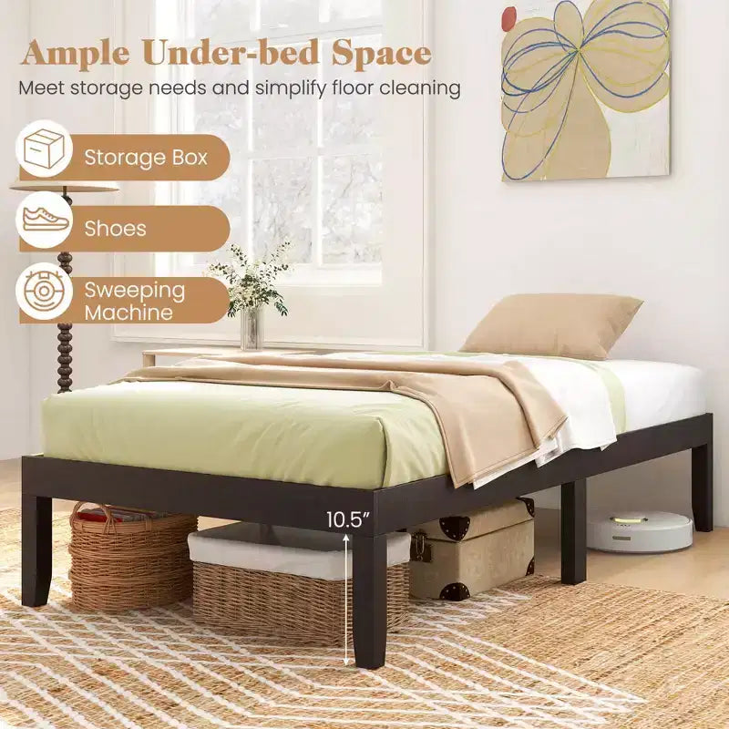 Costway Twin/Full/Queen Size Wooden Platform Bed Frame 14 with Rubber Wood Legs Under-bed Storage Brown