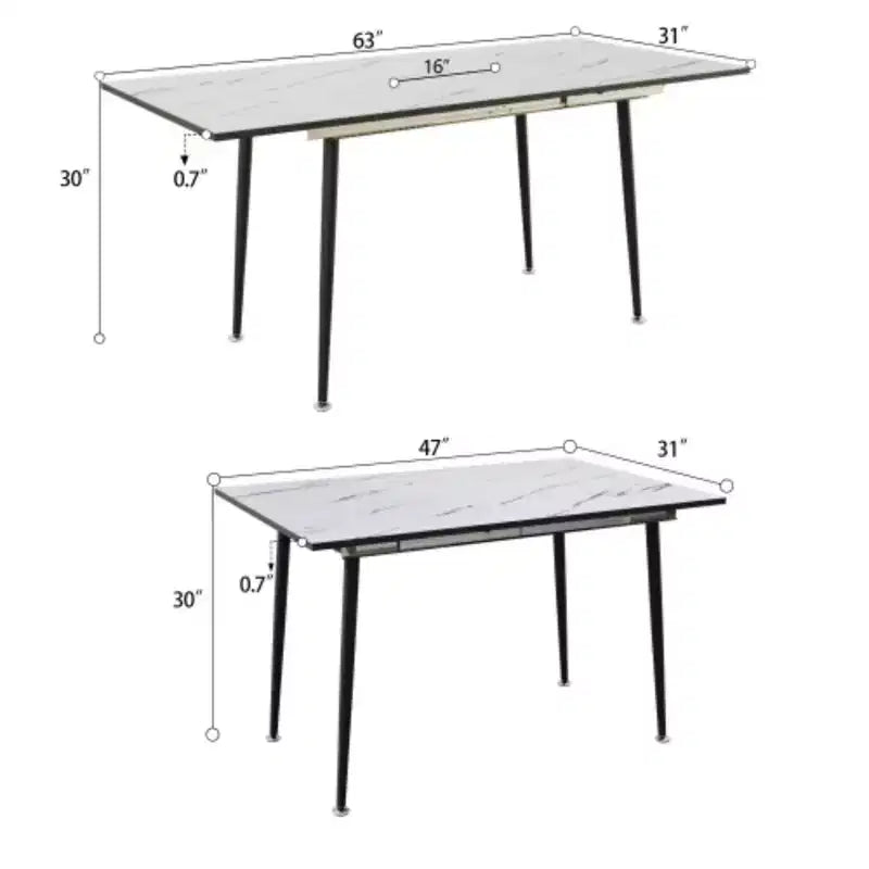 Extendable MDF Marble-Print Square Dining Table, Industrial Kitchen & Dining, Tapered Metal Legs