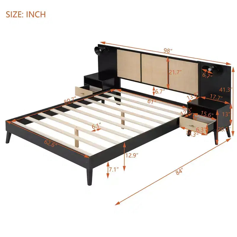 Whisen Queen Size Solid Wood Bed Frame with 2 Nightstands