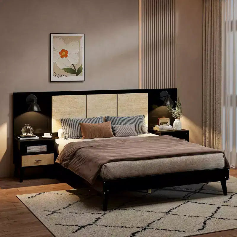 Whisen Queen Size Solid Wood Bed Frame with 2 Nightstands
