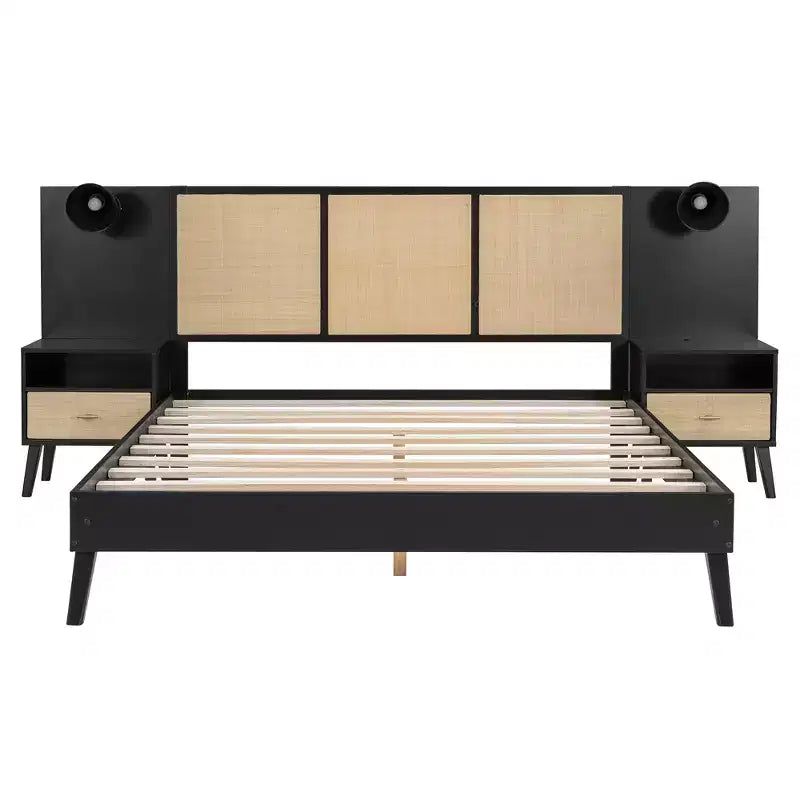 Whisen Queen Size Solid Wood Bed Frame with 2 Nightstands