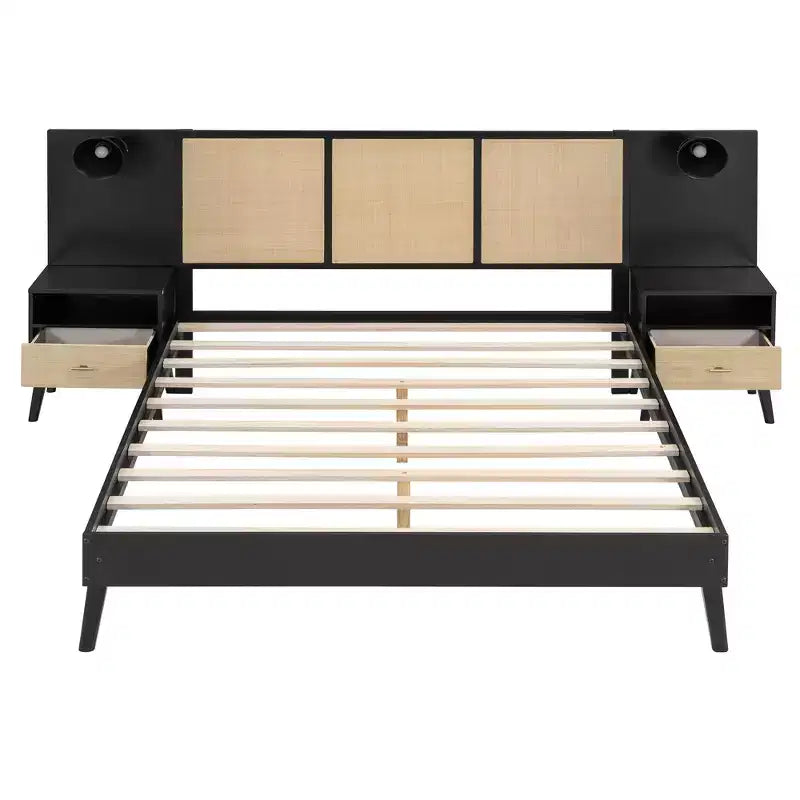 Whisen Queen Size Solid Wood Bed Frame with 2 Nightstands