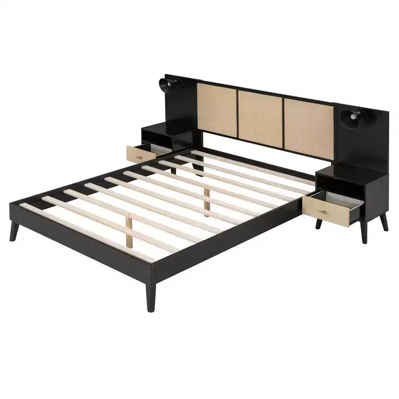 Whisen Queen Size Solid Wood Bed Frame with 2 Nightstands