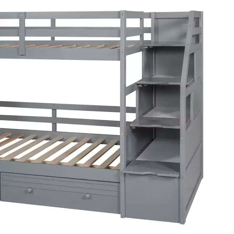 Whisen Twin over Twin Bunk Bed with Storage Staircase, Slide and Drawers, Desk with Drawers and Shelves