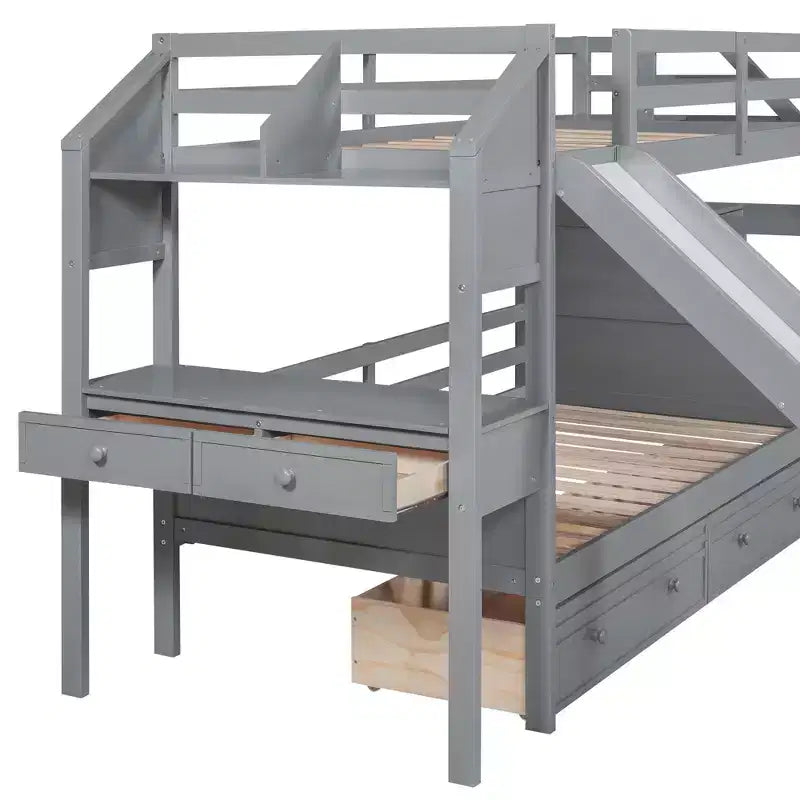 Whisen Twin over Twin Bunk Bed with Storage Staircase, Slide and Drawers, Desk with Drawers and Shelves