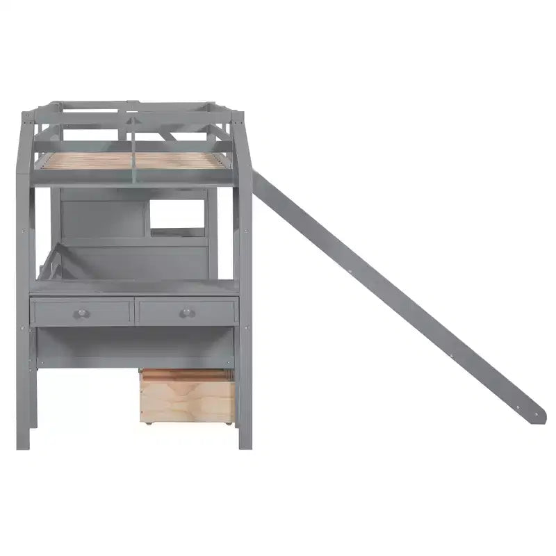 Whisen Twin over Twin Bunk Bed with Storage Staircase, Slide and Drawers, Desk with Drawers and Shelves