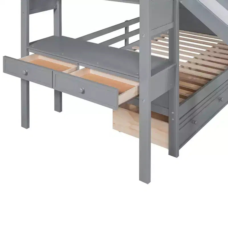 Whisen Twin over Twin Bunk Bed with Storage Staircase, Slide and Drawers, Desk with Drawers and Shelves