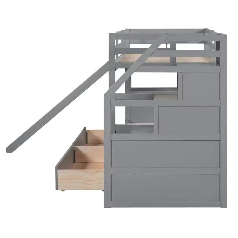 Whisen Twin over Twin Bunk Bed with Storage Staircase, Slide and Drawers, Desk with Drawers and Shelves