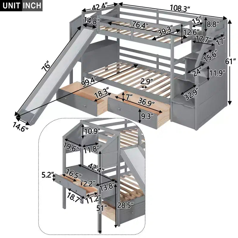 Whisen Twin over Twin Bunk Bed with Storage Staircase, Slide and Drawers, Desk with Drawers and Shelves