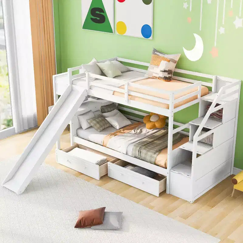 Whisen Twin over Twin Bunk Bed with Storage Staircase, Slide and Drawers, Desk with Drawers and Shelves