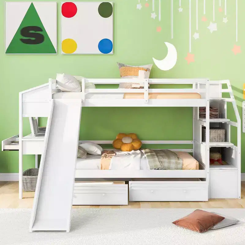 Whisen Twin over Twin Bunk Bed with Storage Staircase, Slide and Drawers, Desk with Drawers and Shelves