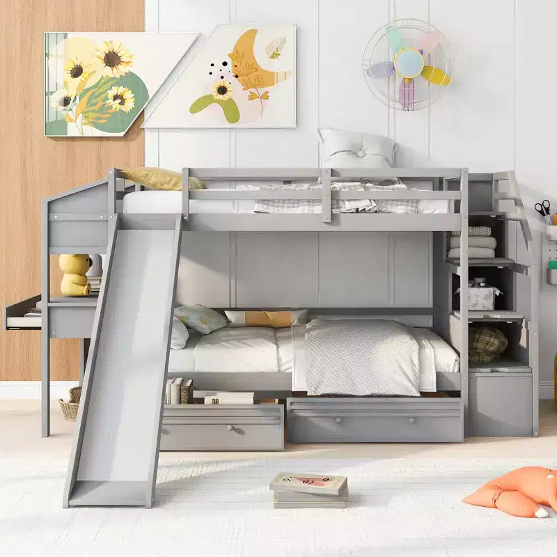 Whisen Twin over Twin Bunk Bed with Storage Staircase, Slide and Drawers, Desk with Drawers and Shelves