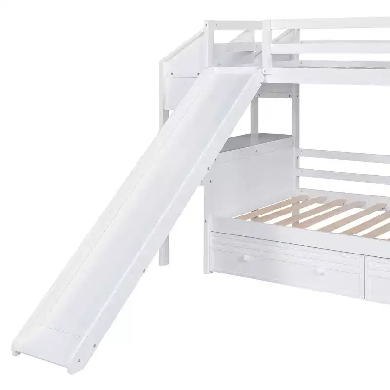 Whisen Twin over Twin Bunk Bed with Storage Staircase, Slide and Drawers, Desk with Drawers and Shelves
